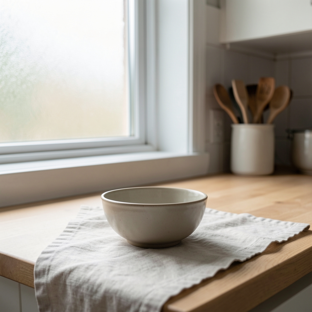 Quiet morning kitchen scene with a single ceramic bowl on pale linen cloth, soft ambient daylight through frosted glass, no people