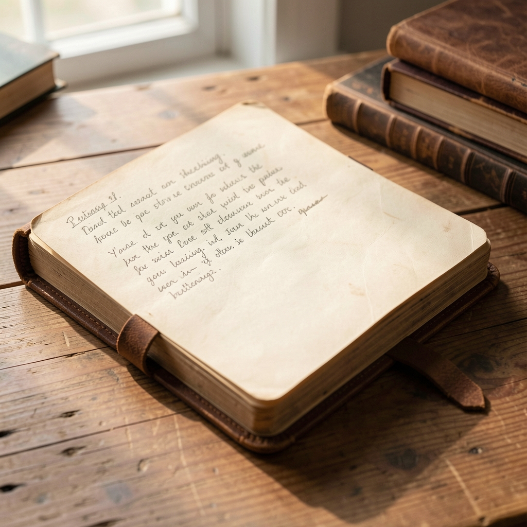 Worn leather journal open on handwritten notes, wooden desk surface, afternoon daylight