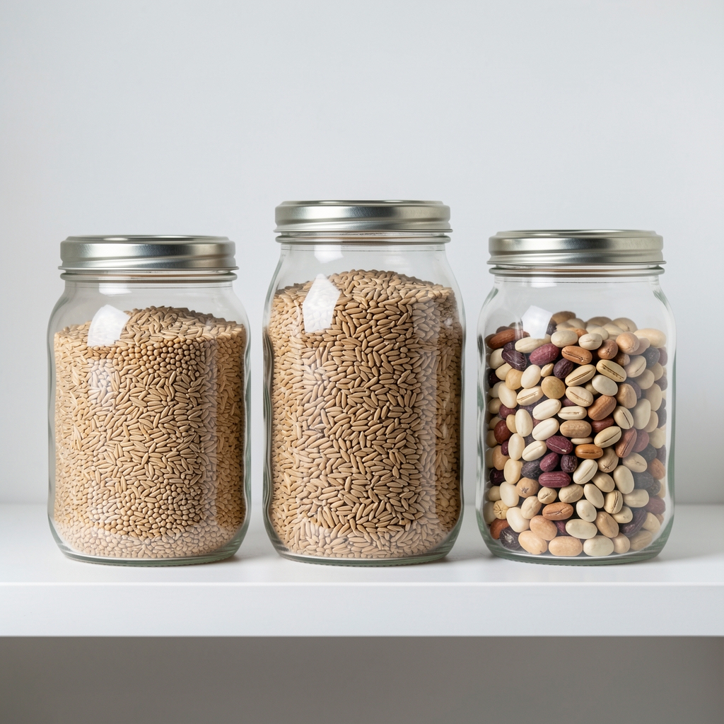 Three glass jars of varying sizes filled with dry grains and legumes arranged on a white shelf, clean studio lighting